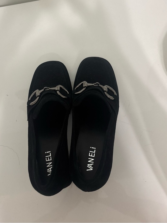 Vaneli Black Suede Block Heel Loafers with Silver Ring Accent